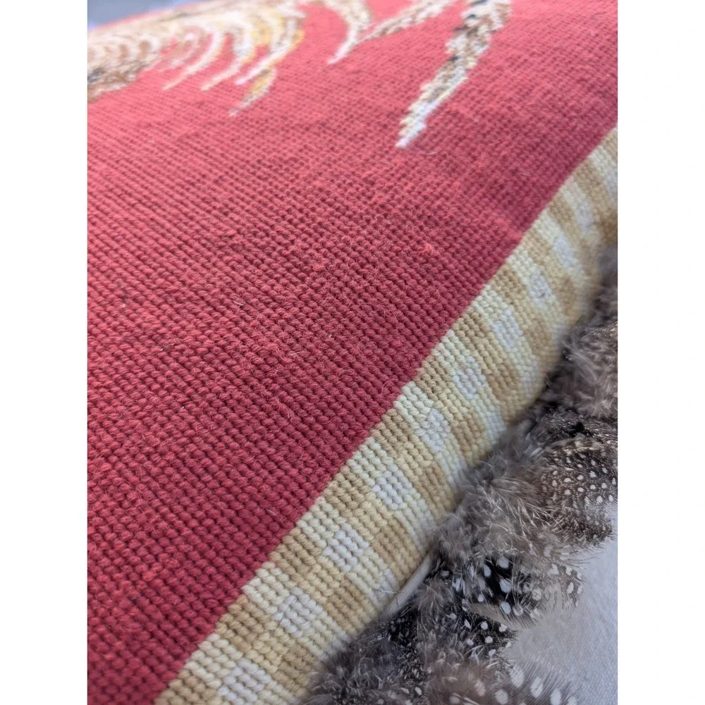 Square Needlepoint Chicken Rooster Pillow Trimmed In Real Feathers Farmhouse